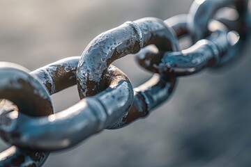 Digital chain link close-up depicting blockchain security, set against grey background and blue accent