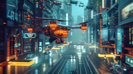 Obraz premium A fully autonomous drone delivery system powered by 6G technology ensuring fast and efficient delivery of goods and services throughout the city.