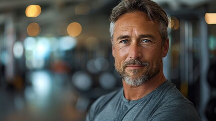 A middle-aged man with grey hair and a beard, wearing a grey shirt, smiles confidently while standing in a well-lit gym, with blurred gym equipment in the background.