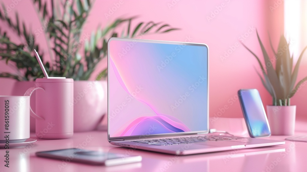 Poster a laptop computer with a vivid abstract screen and a cellphone.