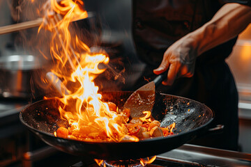Chef hands keep wok with fire. Closeup chef hands cook food with fire. Chef man burn food at professional kitchen