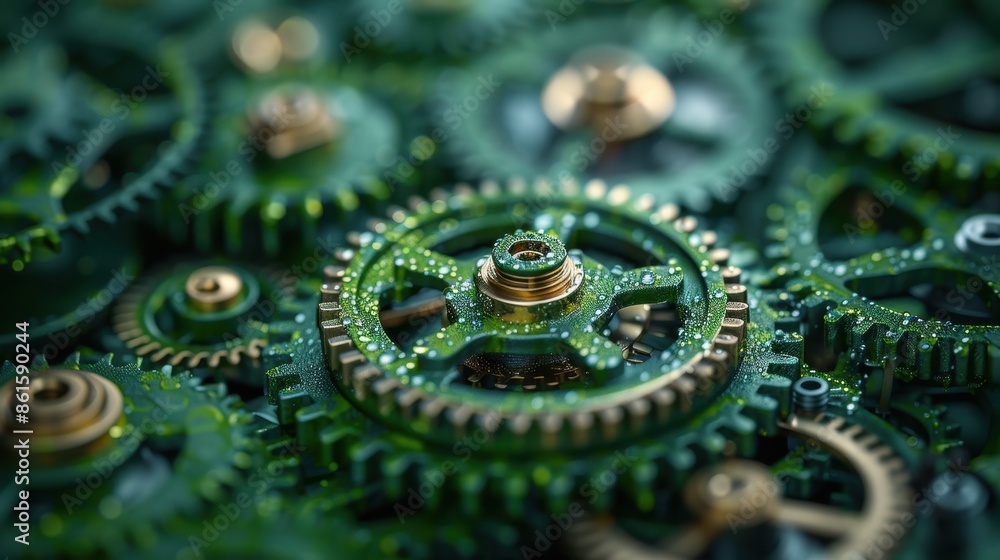 Poster a detailed close-up image of various green gears covered in dew drops, representing the intersection