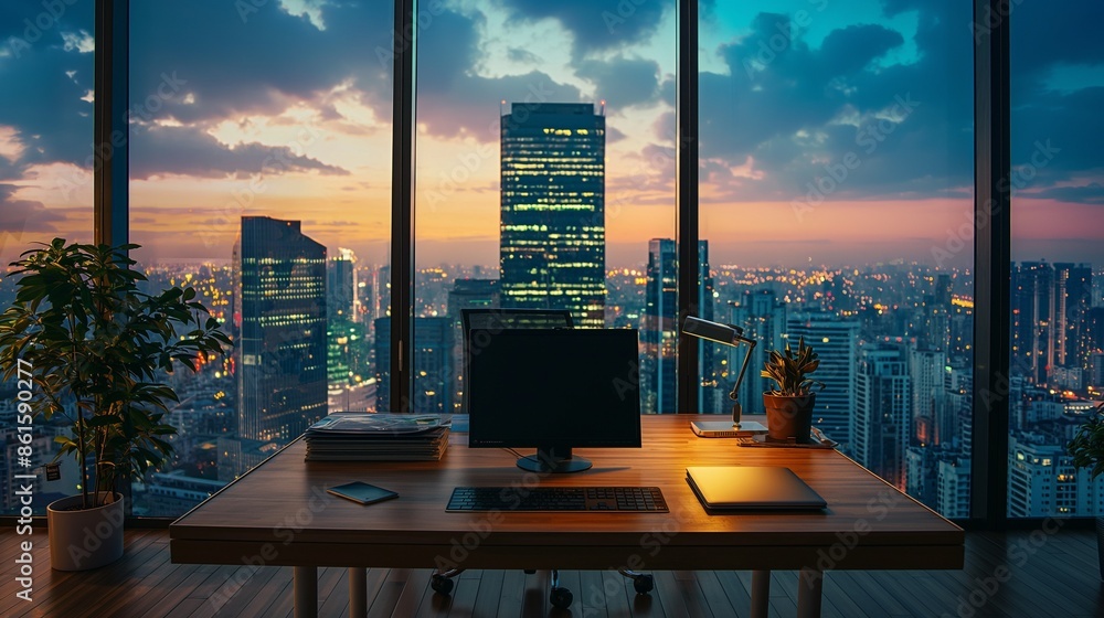 Poster a desktop computer on a working desk.