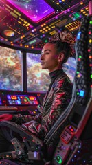 Obraz premium LGBTQ leader in a virtual space station office, space tech, with starry background and futuristic gadgets