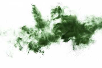 Abstract colored powder sprayed in green explosion and isolated on transparent background
