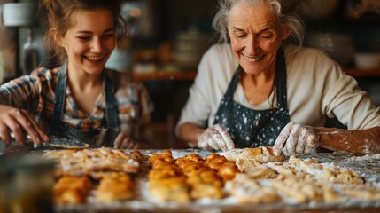 A joyful moment captured as a grandmother and her granddaughter bake an assortment of cookies together, both of them smiling and covered in flour.