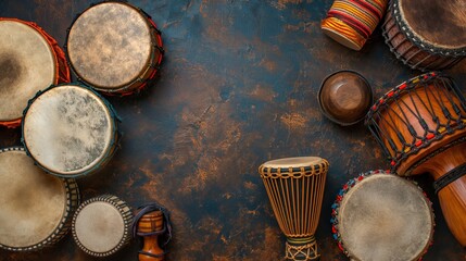 Top View of Various Traditional Drums on Rustic Background