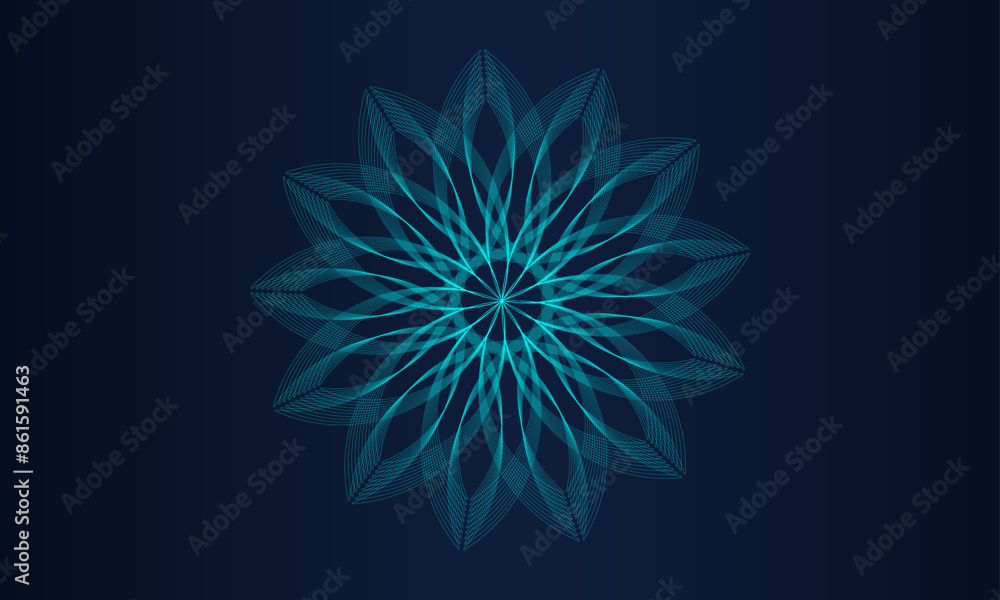 Poster Vector abstract circle frame with wavy rounded lines pattern flowing in blue green colors isolated on black background for concept of music, technology, ai