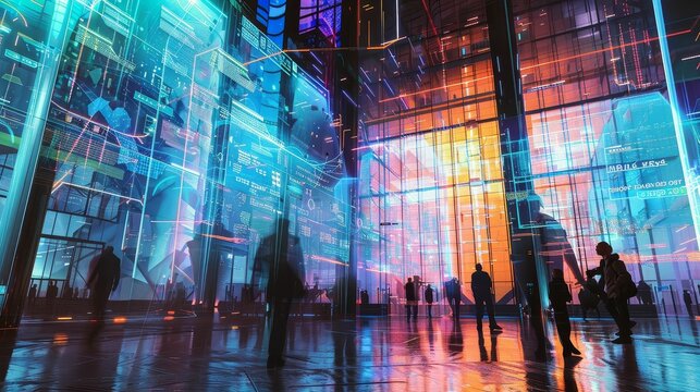 Futuristic trade center with interactive holograms, engineers working, Soft blue and green neon, Scifi, Photo collage