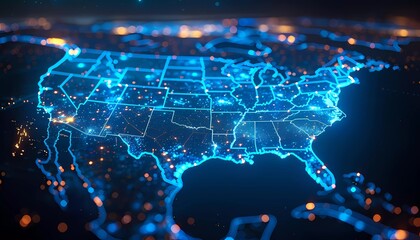 Connectivity Grid, grid-like matrix covering the USA, nodes and lines symbolizing the backbone routes of telecommunications, digital blue hue.