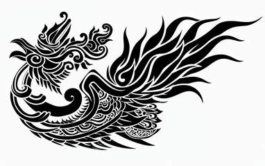 Obraz premium A black and white drawing of a bird with flames on its tail