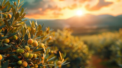 An olive grove is beautifully illuminated by a golden sunset, with a backdrop of mountains and hazy skies, capturing the serene and pastoral atmosphere of an idyllic vineyard.