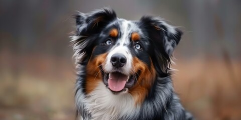 Fototapeta premium Close-up Portrait of a Purebred Australian Shepherd Dog. Concept Pet Photography, Close-up Portraits, Australian Shepherd, Animal Portraits, Dog Breeds