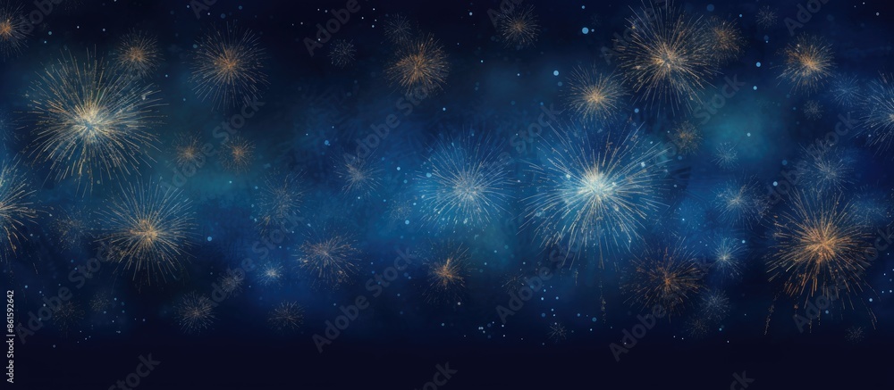 Fototapete Panoramic banner with rustic dark blue texture capturing long fireworks during the night with a top view perspective and empty space for text. with copy space image. Place for adding text or design