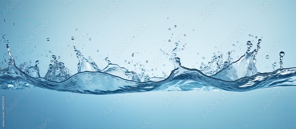 Poster a water splash in a serene blue hue creates a captivating image with ample copy space.