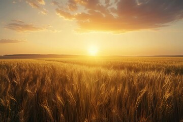 Obraz premium Golden wheat field at sunset with vibrant sky, capturing the tranquility and beauty of nature's landscape.
