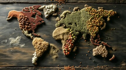 World Map Shaped with Various Grains and Pulses on Wooden Surface