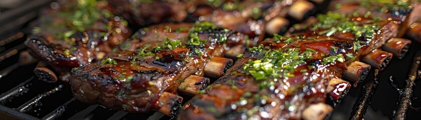 Close-up of succulent, grilled ribs with a sprinkle of fresh herbs, sizzling on a hot BBQ grill, perfect for a summer cookout.