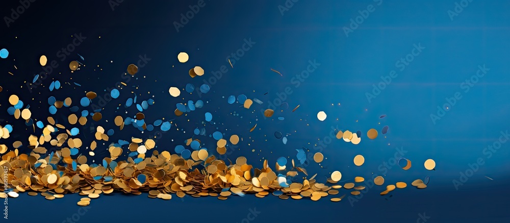 Poster golden confetti forms a pile on a blue backdrop, with copy space image available.