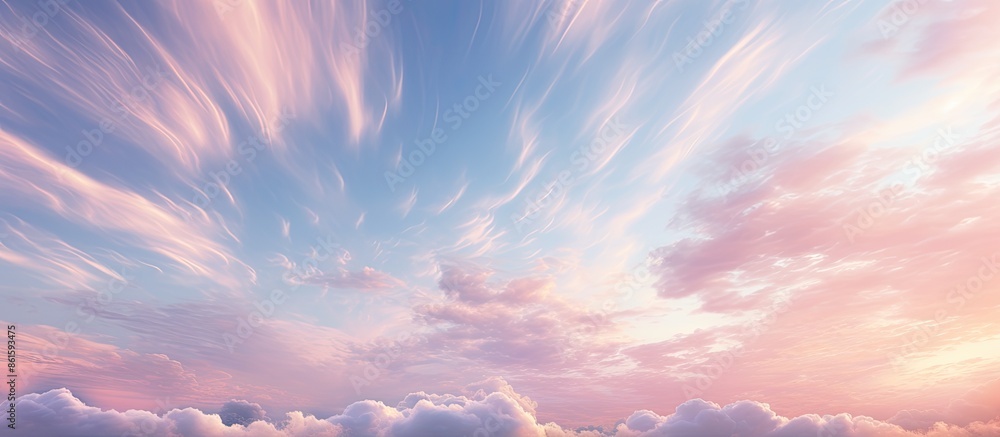 Poster Scenic sky at sunset, adorned with wispy cirrus clouds and sunlight, perfect for replacing background with copy space image.