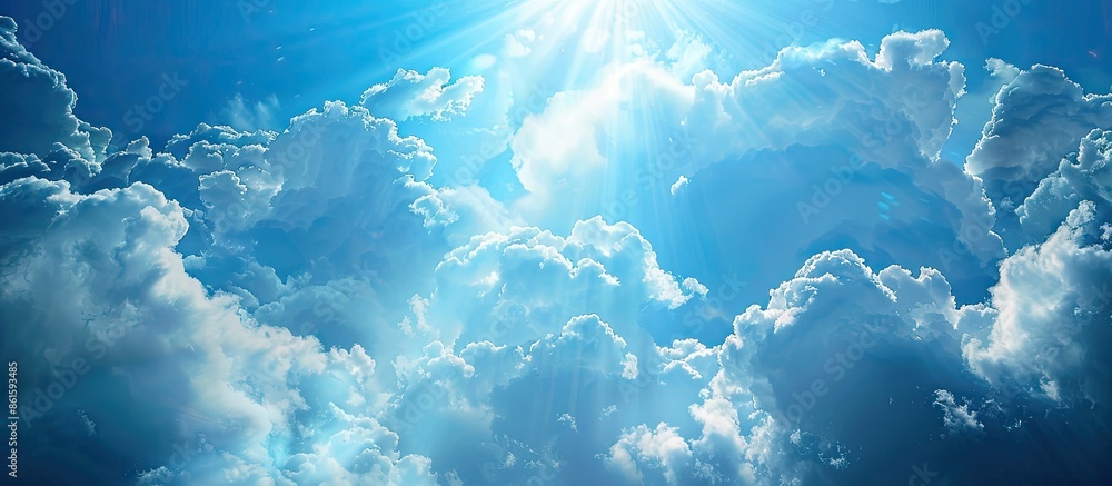 Poster Sunlight filtering through clouds in a blue sky creates a serene atmosphere in the copy space image.