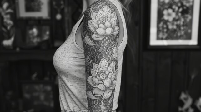 Black And White Lotus Tattoo On Womans Arm. Generative AI