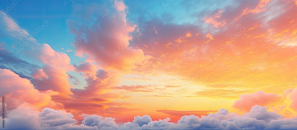 Poster vibrant yellow and orange clouds contrasting with the colorful blue sky, creating a picturesque scen