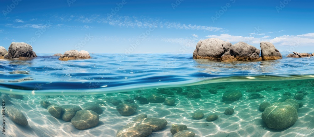 Poster copy space image showcasing rocks and sand in the ocean under a clear blue sky with a water backdrop