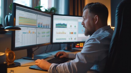 A man works at a desk with multiple monitors displaying charts and analytics in an office setting.