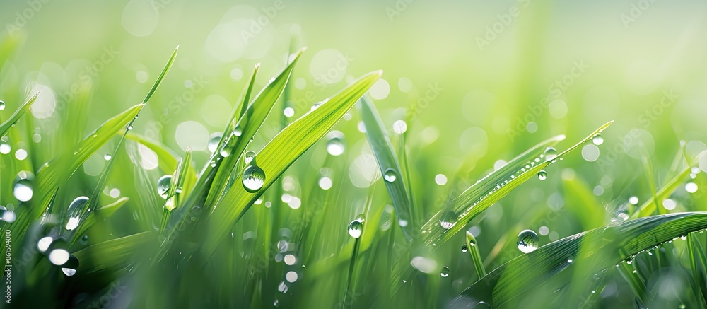 Poster a stunning spring or summer close-up macro photo showcasing fresh green grass on a meadow with dew d