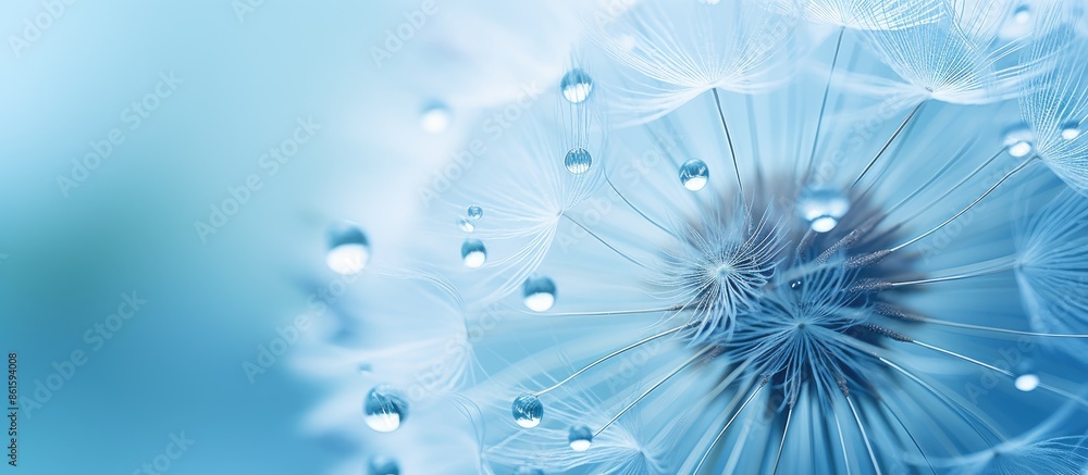 Poster macro photo of dew drops on a dandelion seed with a soft blue backdrop, resembling water droplets on