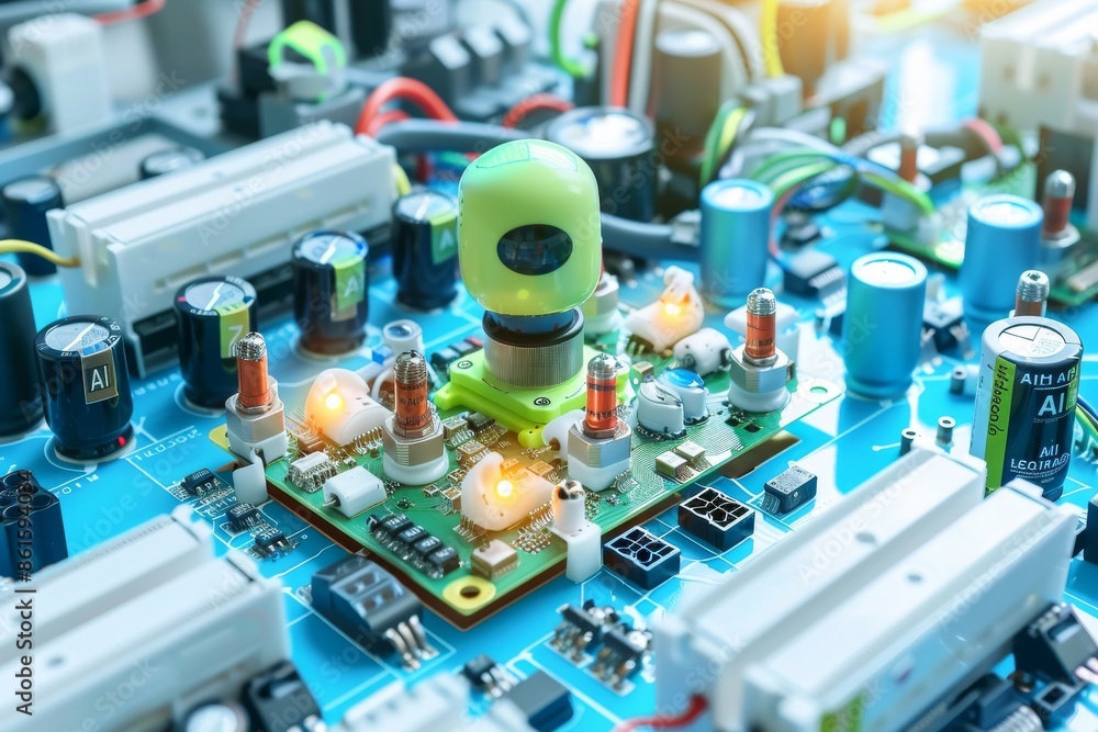 Poster advanced ai technology in an electronic lab environment, showcasing intricate circuitry and sophisti