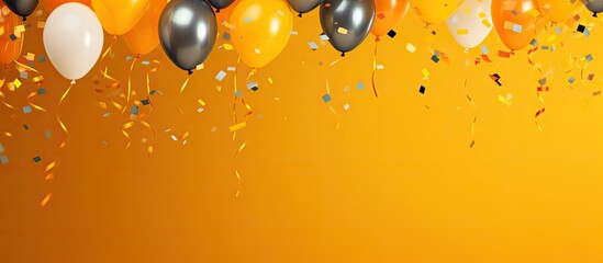 Fototapeta premium Colorful balloons, festive hats, and confetti create a lively scene against an orange backdrop with copy space image.
