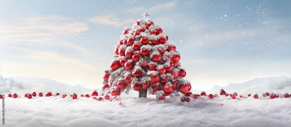 Poster A festive Christmas scene with a red tree crafted from berries and apples atop snow, creating a picturesque setting with copy space for an image.