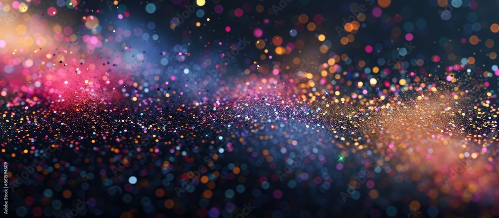 Aufkleber Freeze motion of multicolored glitter texture exploding, creating an abstract powdery splatter on a black background with copy space image.