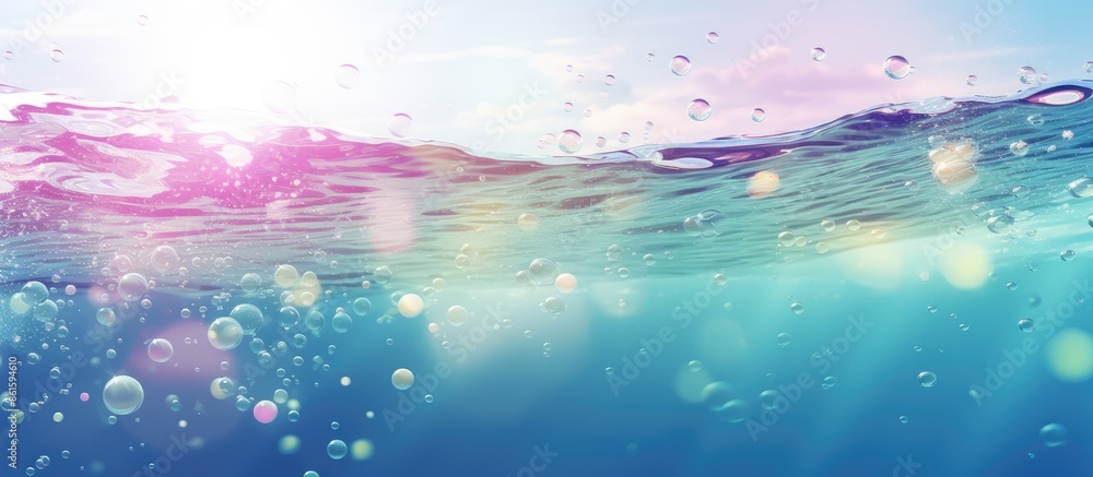 Poster an appealing banner for the summer season showcasing a blurred, colorful water surface with bubbles 