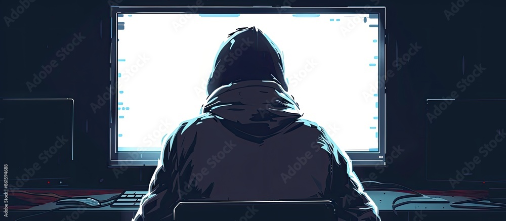 Poster Hooded man in front of computer with a blank screen, hacking online server. He is programming malicious software, cracking passwords, while gazing at the white display space image at night