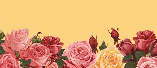 Roses in pink and yellow with a red background and space for writing. with copy space image. Place for adding text or design
