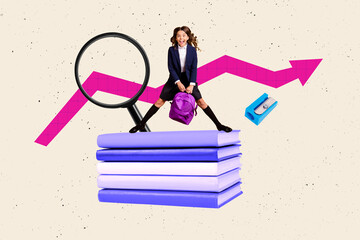 Composite photo collage of happy crazy schoolgirl hold backpack stand book stack arrow progress...