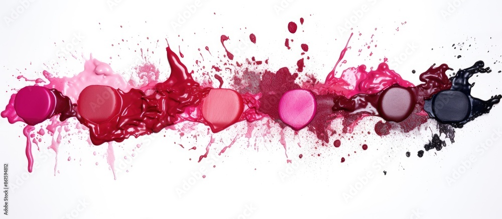 Poster Assorted lipstick smudges creating a textured cosmetic concept on a white backdrop for copy space image.