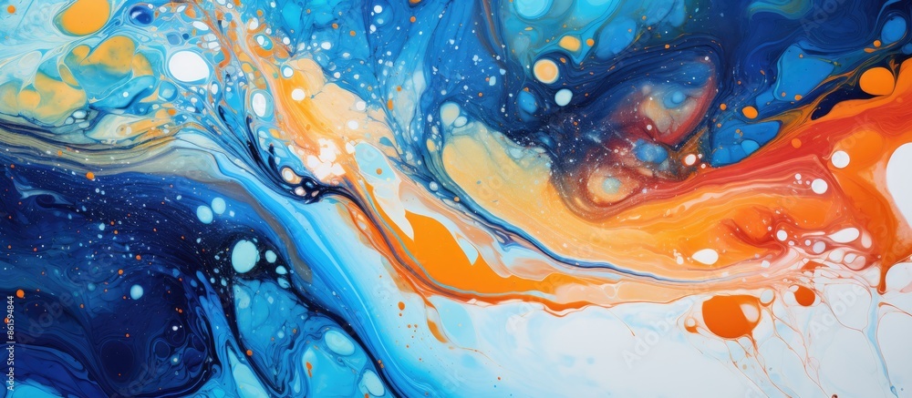 Poster ebru art creates a colorful abstract background with paint stains on water, ideal for copy space ima