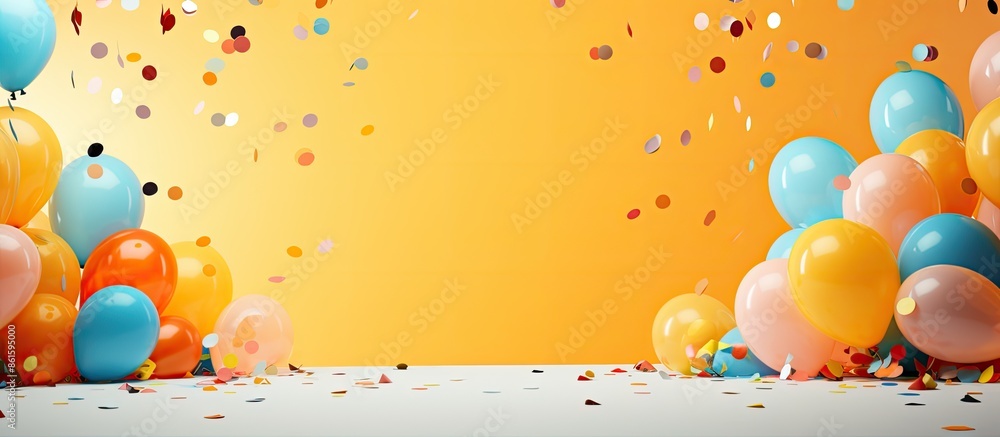 Poster colorful balloons, festive hats, and confetti create a lively scene against an orange backdrop with 