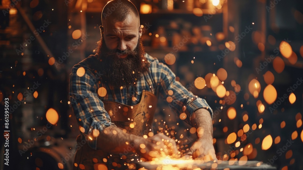 Poster a bearded man is working on a piece of metal in a workshop