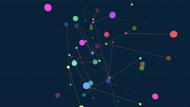 A visual depiction of a network showing interconnected circles as nodes and lines as connections. Color-coded circles represent different types of information or data being transmitted