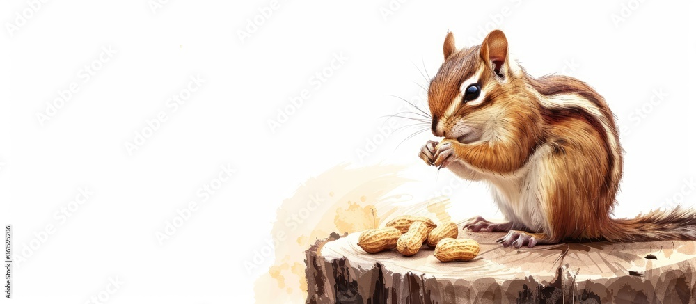 Aufkleber A cute female chipmunk happily munching peanuts on a stump, next to a blank space for text or images. with copy space image. Place for adding text or design