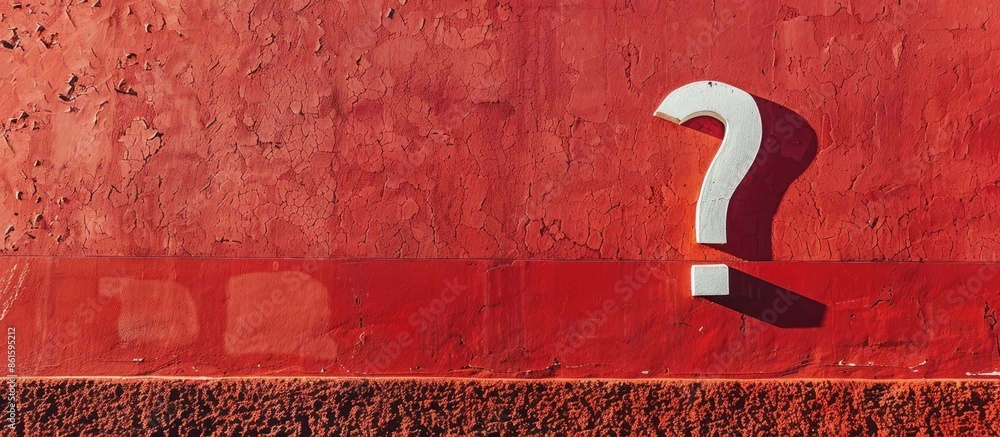 Poster faq concept depicted by prominent white question mark against red wall with ample copy space image.