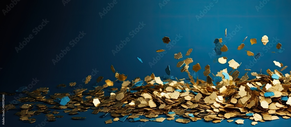 Aufkleber golden confetti forms a pile on a blue backdrop, with copy space image available.