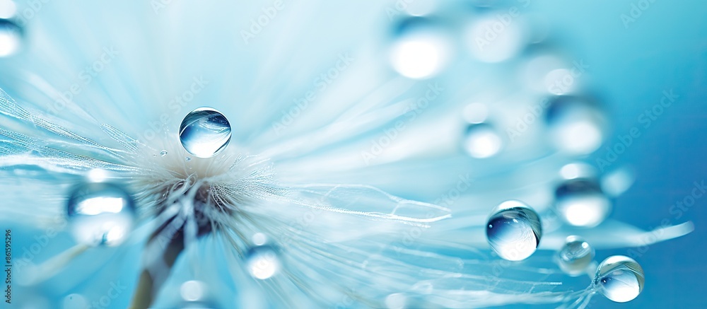 Poster macro photo of dew drops on a dandelion seed with a soft blue backdrop, resembling water droplets on