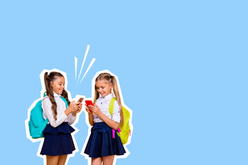 Composite photo collage of happy blonde brunette schoolgirls surf phone wear backpack uniform classmates isolated on painted background
