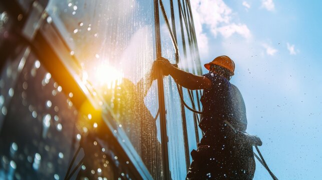 A window cleaner works on a high-rise building at sunset, with sunlight reflecting off the glass.
